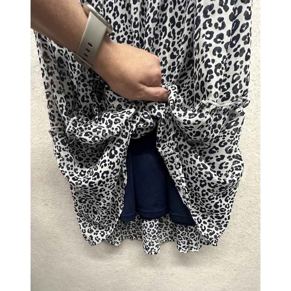 Mud Pie Womens Dress Size Medium Ruffle Neck Navy Blue Leopard Tiered - Picture 6 of 10